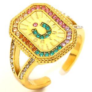 18K GOLD DIP OPEN FLAT FACE MULTICRYSTAL GOOD LUCK RING WITH CRYSTAL HORSESHOE